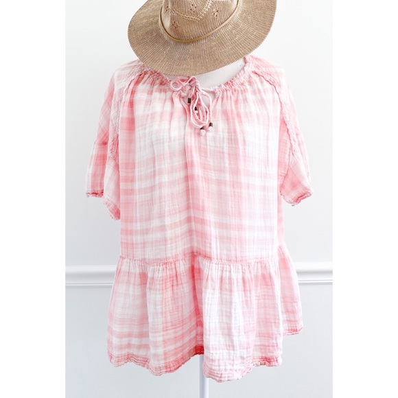 Time and Tru Tops - Time & Tru Pink Plaid Cotton Gauze Peplum Top